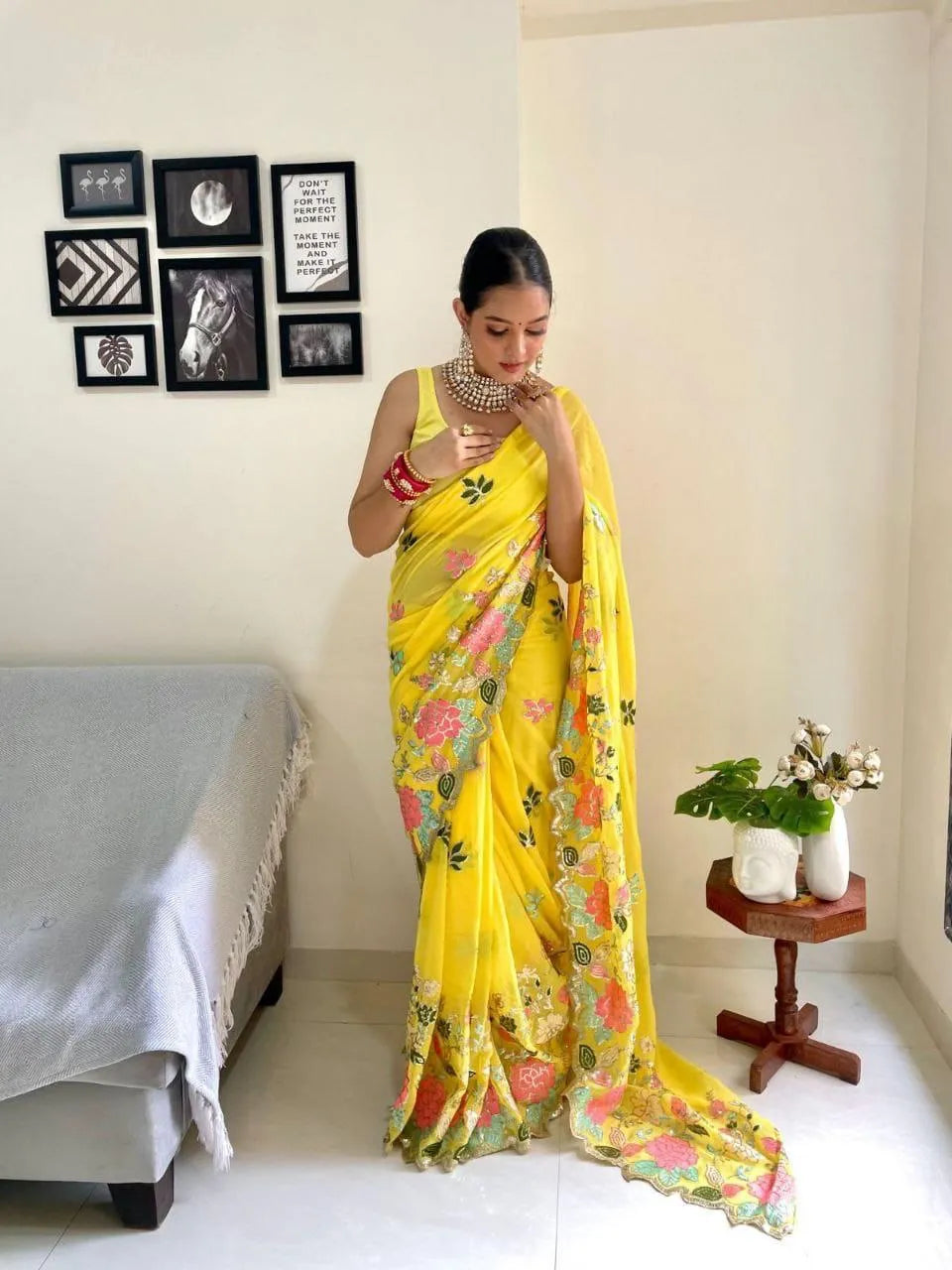 Designer Floral Sequin & Multicolour Embroidered Georgette Saree with Satin Banglori Blouse (Yellow)